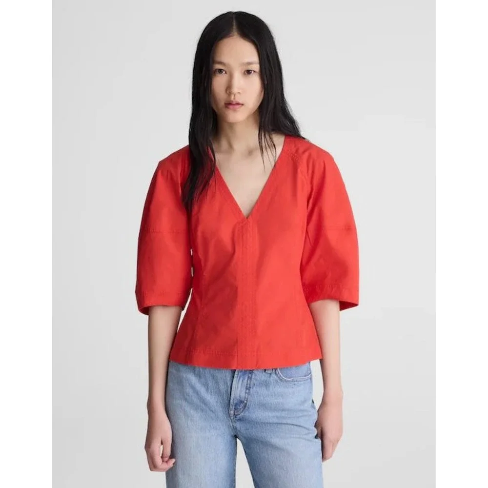 Madewell NWT Women Red V-Neck Puff Sleeve Cotton Poplin Top NZ527 Size 8